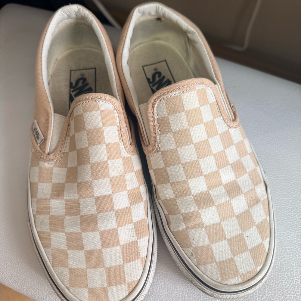Vans Checkerboard Slip-On Shoes - Tan and White